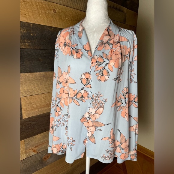 Calvin Klein Light Blue Peach Floral Tunic Blouse Size XL - Picture 1 of 7